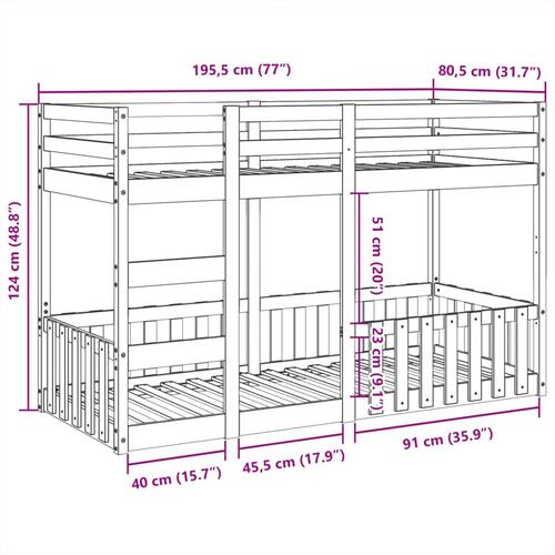 Køjeseng 75x190 cm massivt fyrretræ