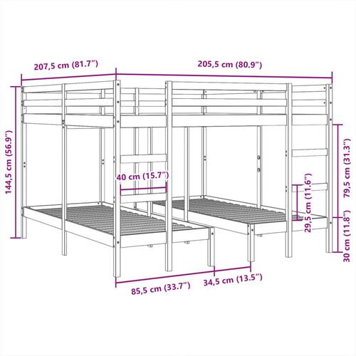 Tredobbelt køjeseng 140x200/70x140 cm massivt fyrretræ