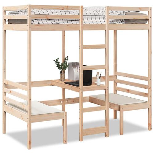 Højseng med skrivebord og stole 75x190 cm massivt fyrretræ