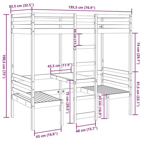Højseng med skrivebord og stole 75x190 cm massivt fyrretræ