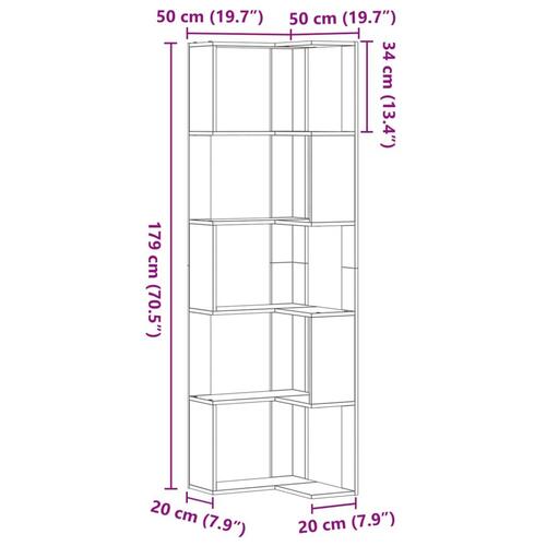 Bogreol til hjørne 50x50x179cm 5hylder konstrueret træ brunt eg