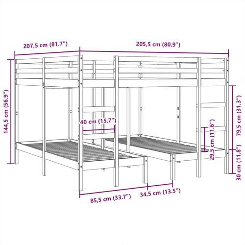 Tredobbelt køjeseng 140x200/70x140 cm massivt fyr gyldenbrun