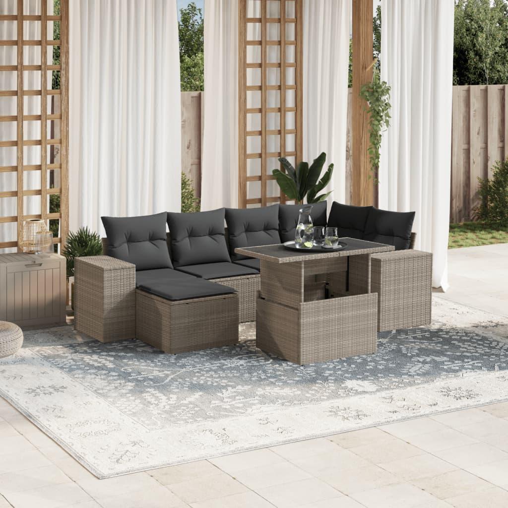 Sofasæt til haven 7 dele med hynder i polyrattan lysegrå billede