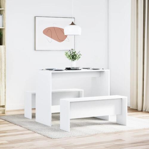 Spisebord og bænke 3 dele konstrueret træ hvid