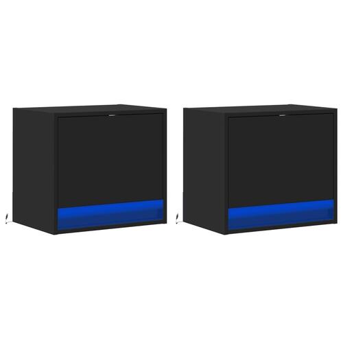 Væghængte sengeborde 2 stk. med LED-lys sort
