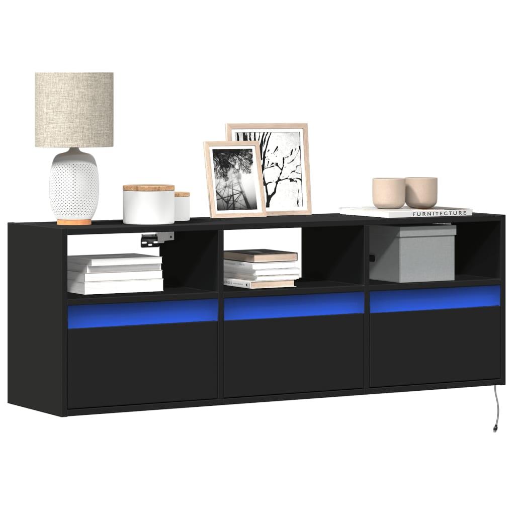Væghængt tv-bord med LED-lys 130x31x45 cm sort
