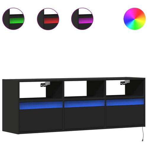 Væghængt tv-bord med LED-lys 130x31x45 cm sort