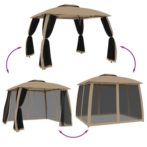 Pavillon 2,93x2,93 m dobbelt tag + meshvægge stål gråbrun