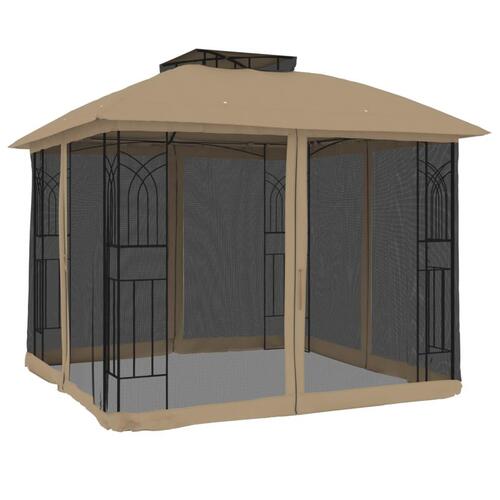 Pavillon 2,94x2,94 m dobbelt tag + meshvægge stål gråbrun