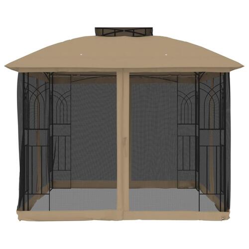 Pavillon 2,94x2,94 m dobbelt tag + meshvægge stål gråbrun