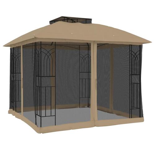 Pavillon 2,94x2,94 m dobbelt tag + meshvægge stål gråbrun