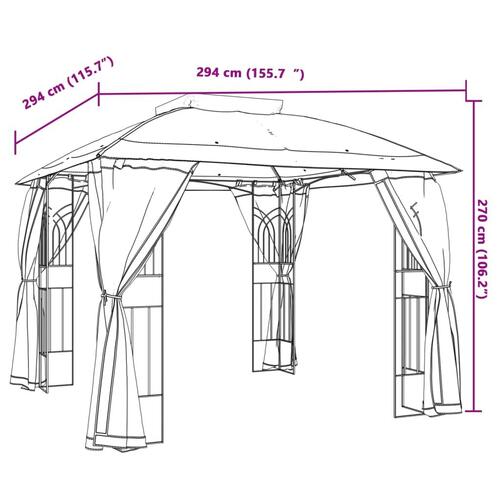 Pavillon 2,94x2,94 m dobbelt tag + meshvægge stål gråbrun