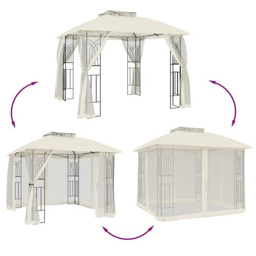 Pavillon 2,94x2,94 m dobbelt tag + meshvægge stål cremefarvet