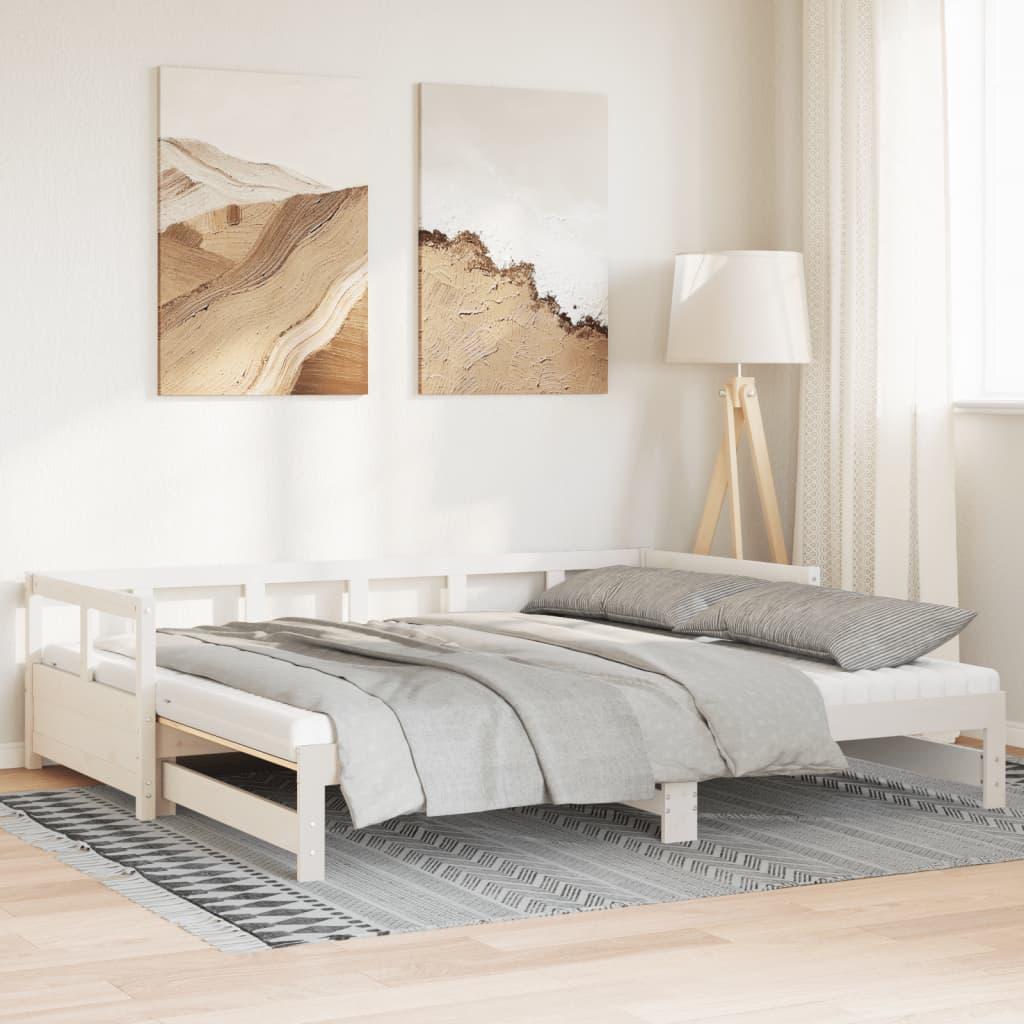 Daybed med udtræk og madrasser 90x200 cm massivt fyrretræ hvid billede