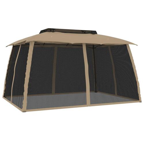 Pavillon 3,93x2,93 m dobbelt tag + meshvægge stål gråbrun