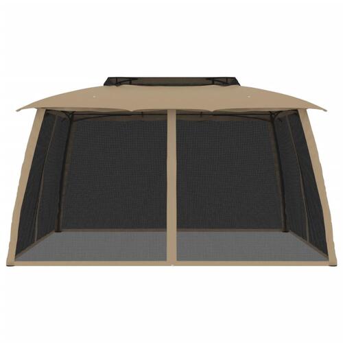 Pavillon 3,93x2,93 m dobbelt tag + meshvægge stål gråbrun