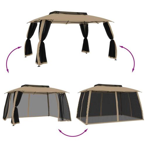 Pavillon 3,93x2,93 m dobbelt tag + meshvægge stål gråbrun