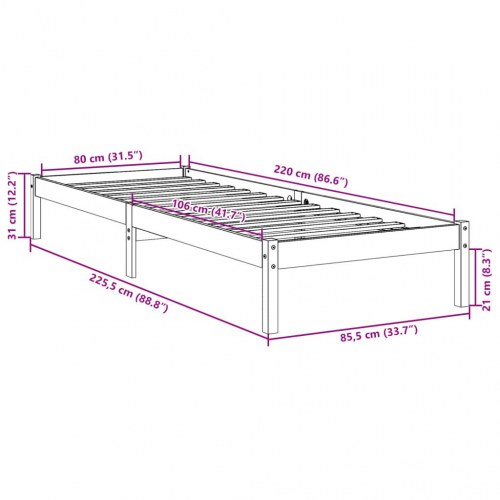 Ekstra lang sengeramme 80x220 cm i massivt fyrretræ - uden madras