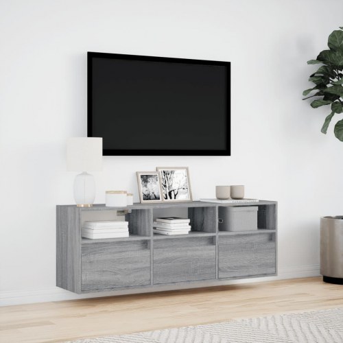 Væghængt tv-bord med LED-lys 130x31x45 cm grå sonoma-eg
