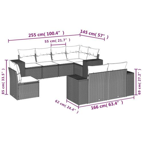 Sofasæt til haven 8 dele med hynder polyrattan sort