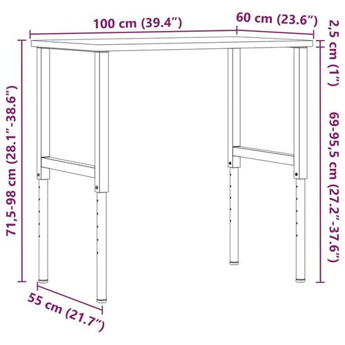 Arbejdsbænk 100x60x(71,5-98) cm massivt egetræ rektangulær