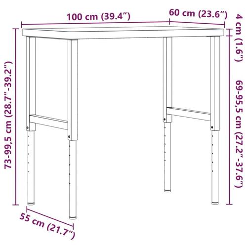 Arbejdsbænk 100x60x(73-99,5) cm massivt egetræ rektangulær