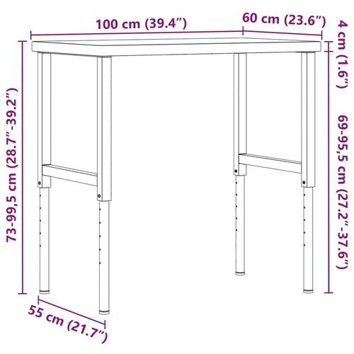 Arbejdsbænk 100x60x(73-99,5) cm massivt egetræ rektangulær
