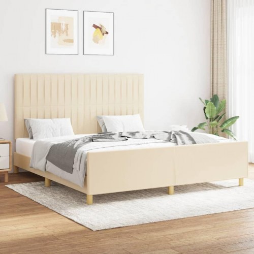 Sengeramme med sengegavl 160x200 cm - stof, cremefarvet