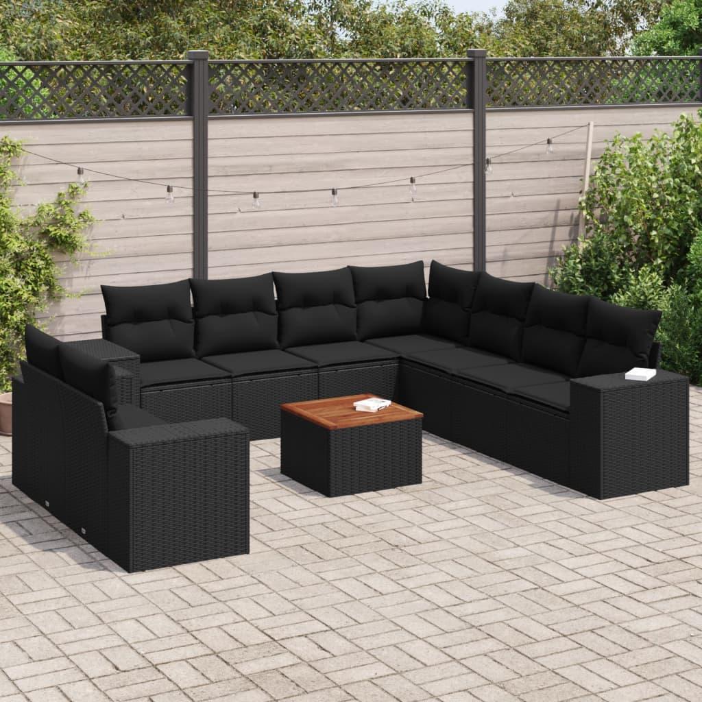 Sofasæt til haven i polyrattan - 10 dele med hynder, sort