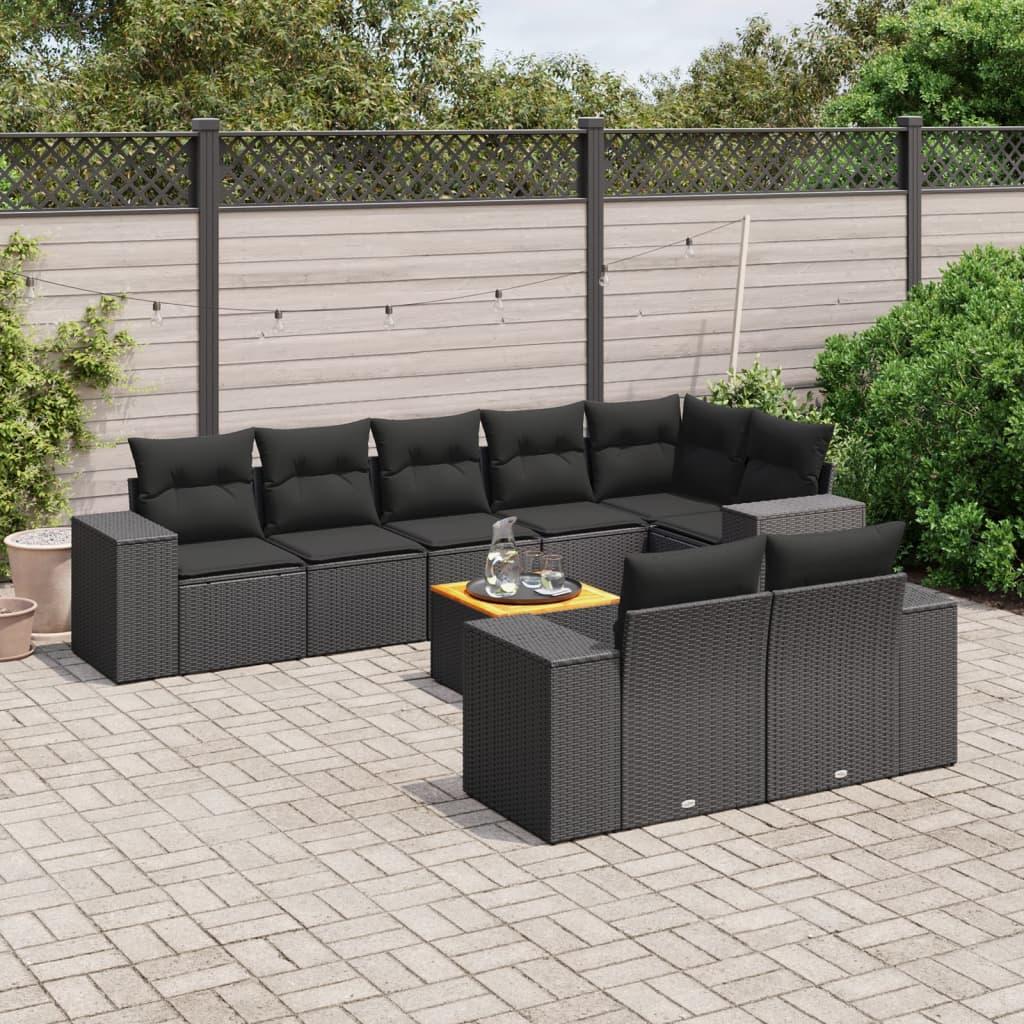 Sofasæt til haven i polyrattan - 9 dele med hynder, sort