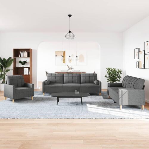 3 personers sofa med pyntepuder stof mørkegrå