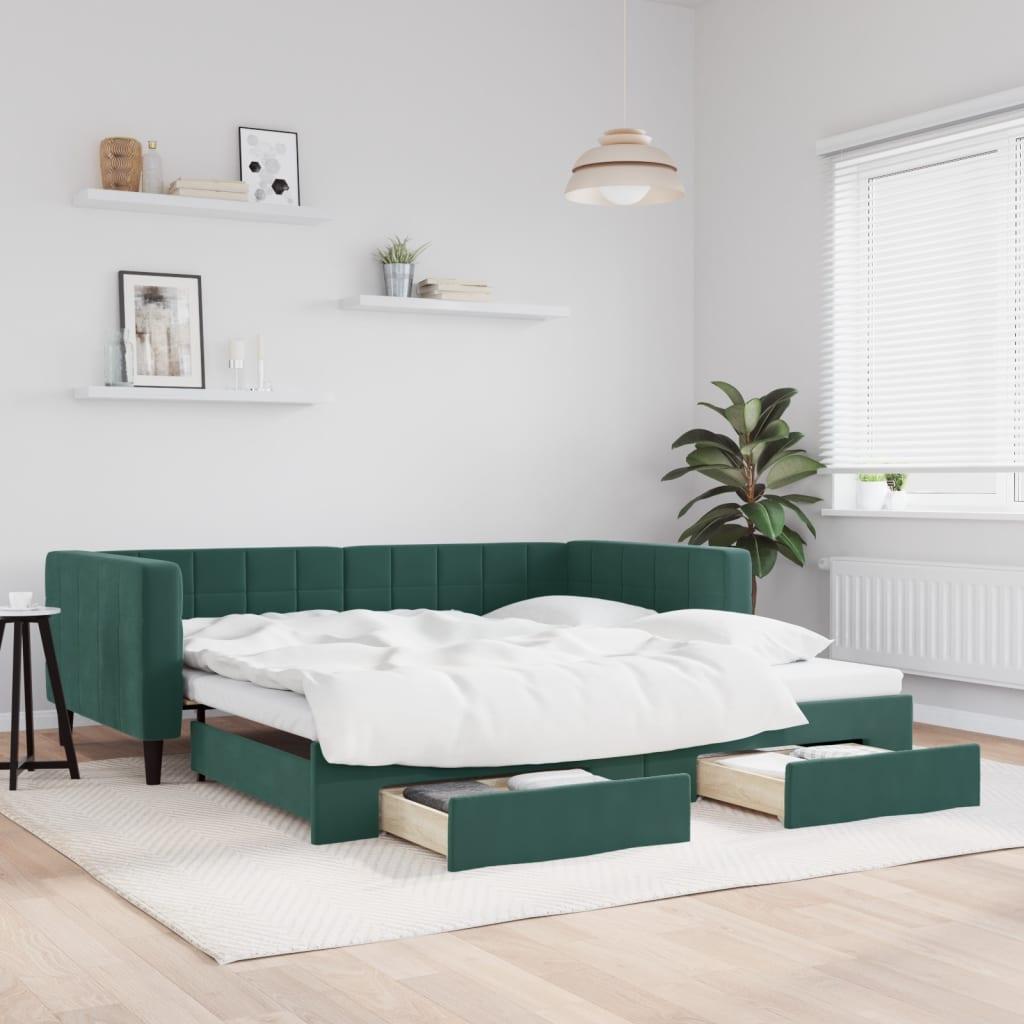 Daybed med udtræk og skuffer 100x200 cm velour mørkegrøn