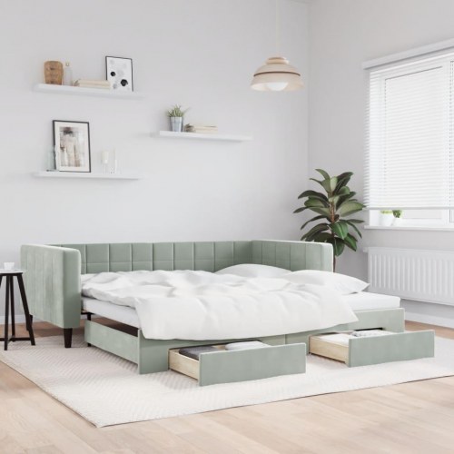 Daybed med udtræk og 2 skuffer 100 x 200 cm velour - lysegrå