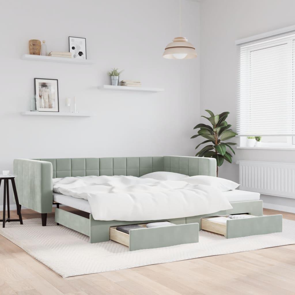 Daybed med udtræk og skuffer 100x200 cm velour lysegrå billede