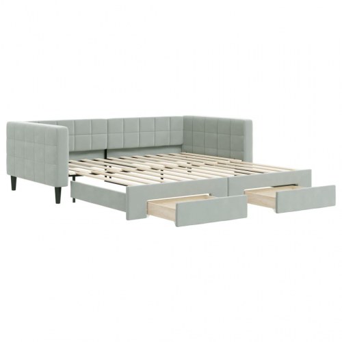 Daybed med udtræk og 2 skuffer 100 x 200 cm velour - lysegrå