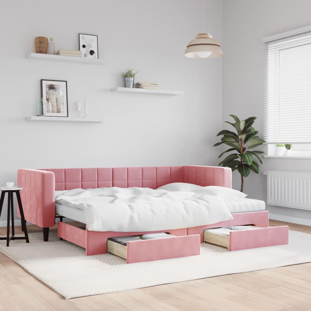 Daybed Velour Pink Lyserød - med udtræk og skuffe og madras / 80 x 200 cm