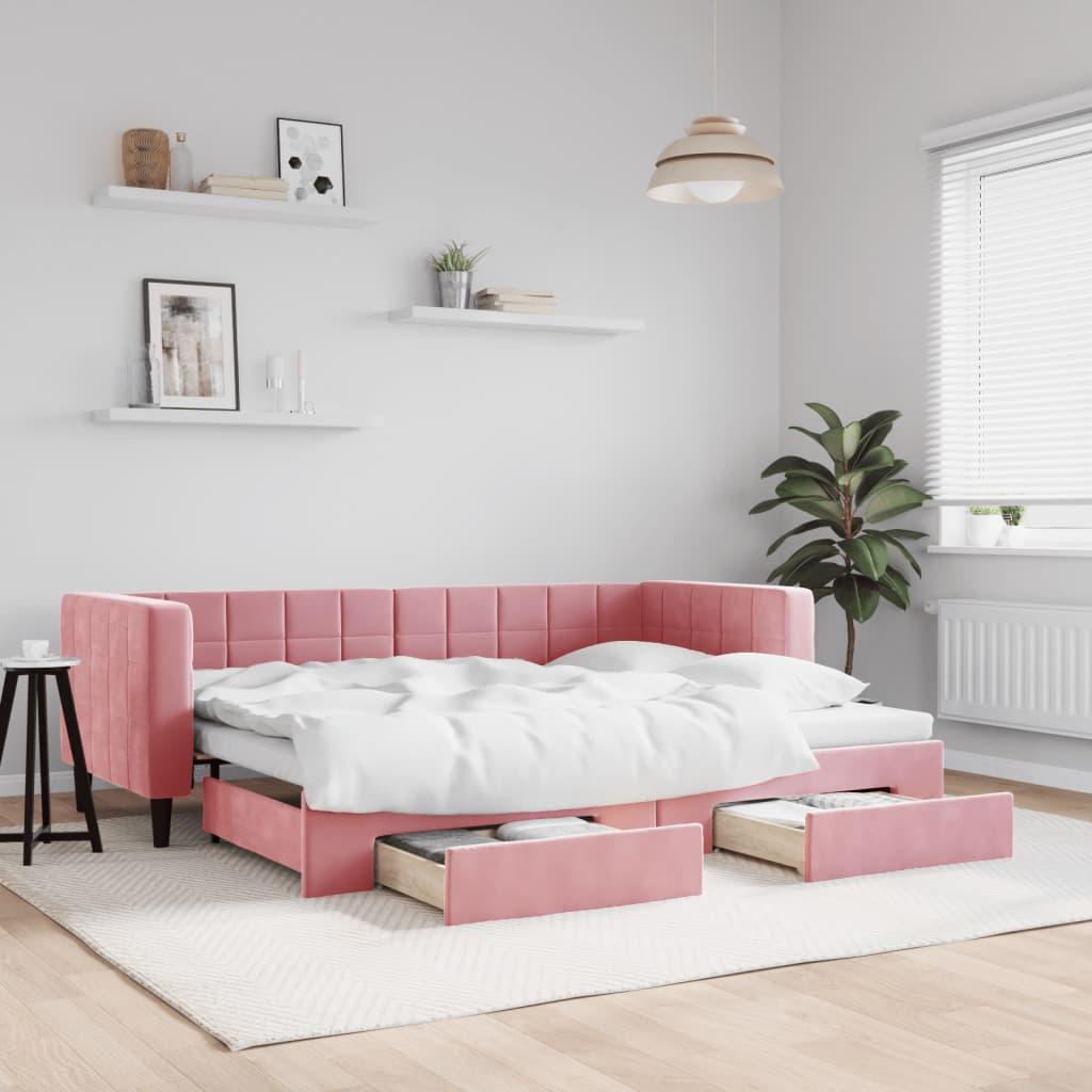 Daybed Velour Pink Lyserød - med udtræk og skuffe / 80 x 200 cm