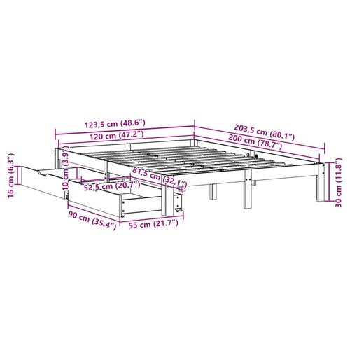 Sengeramme med skuffer 120x200 cm massivt fyrretræ