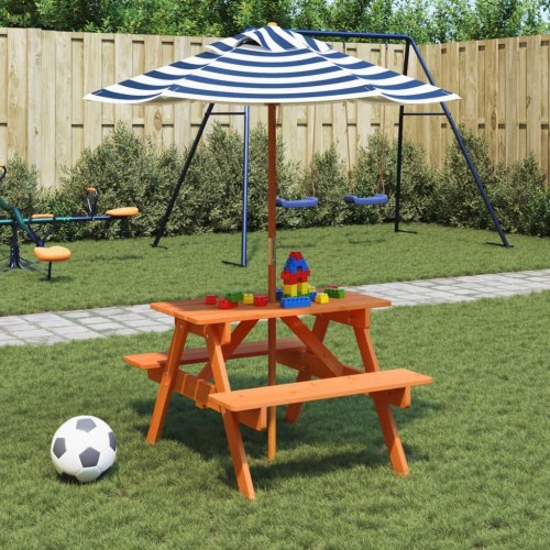 Picnicbord til 4 børn med parasol - massivt grantræ, brun/blå-hvid