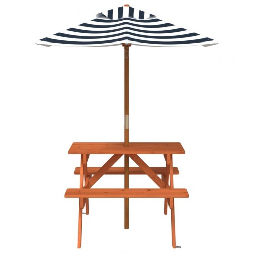 Picnicbord til 4 børn med parasol - massivt grantræ, brun/blå-hvid