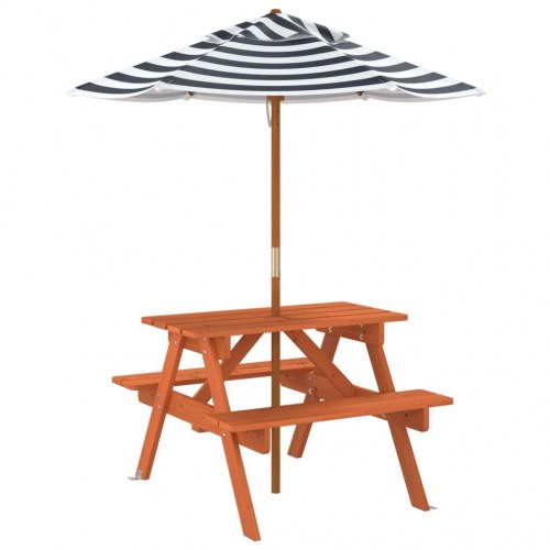 Picnicbord til 4 børn med parasol - massivt grantræ, brun/blå-hvid