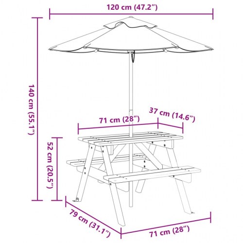 Picnicbord til 4 børn med parasol - massivt grantræ, brun/blå-hvid