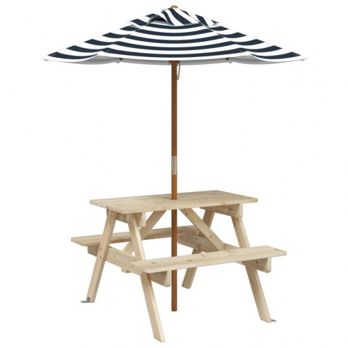 Picnicbord til 4 børn med parasol - massivt grantræ, blå/hvid