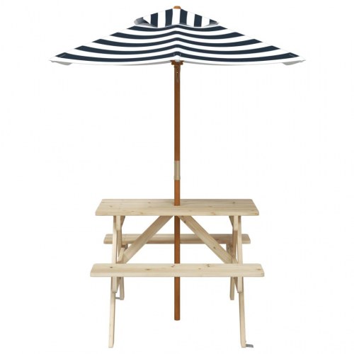 Picnicbord til 4 børn med parasol - massivt grantræ, blå/hvid
