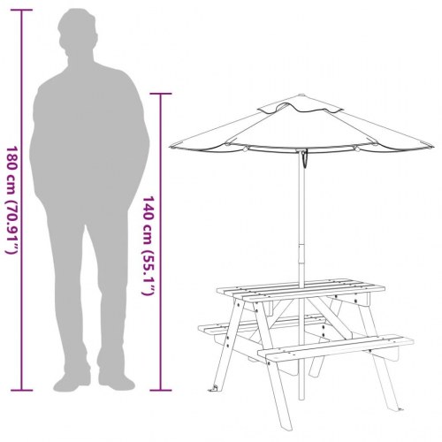 Picnicbord til 4 børn med parasol - massivt grantræ, blå/hvid