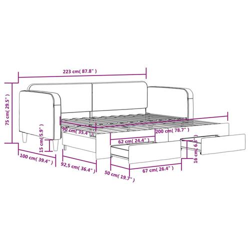 Daybed med udtræk og skuffer 90x200 cm stof gråbrun