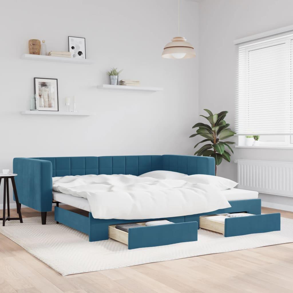 Daybed med udtræk og skuffer 100x200 cm velour blå billede