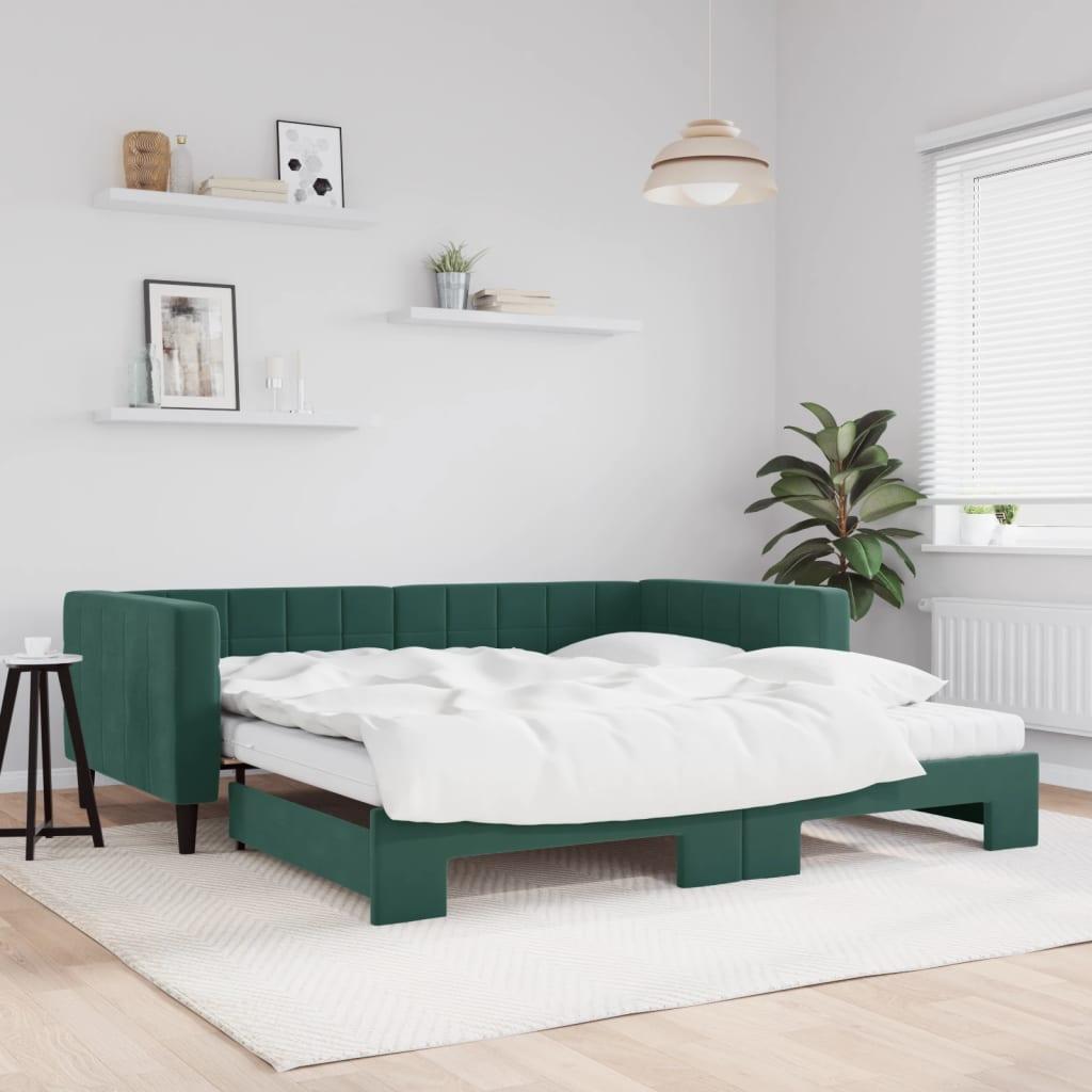 Daybed med udtræk og madras 100x200 cm velour mørkegrøn billede