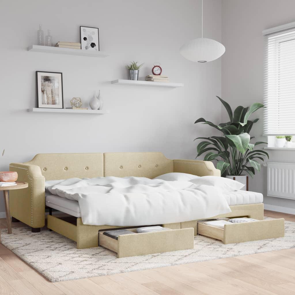 Daybed med udtræk og skuffer 90x200 cm stof cremefarvet billede