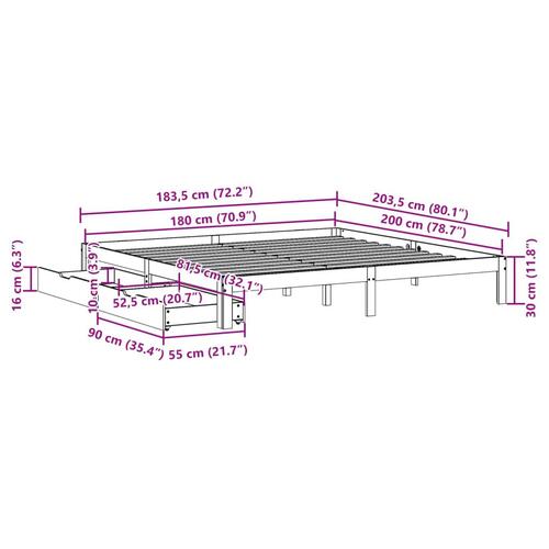 Sengeramme med skuffer 180x200 cm massivt fyrretræ hvid